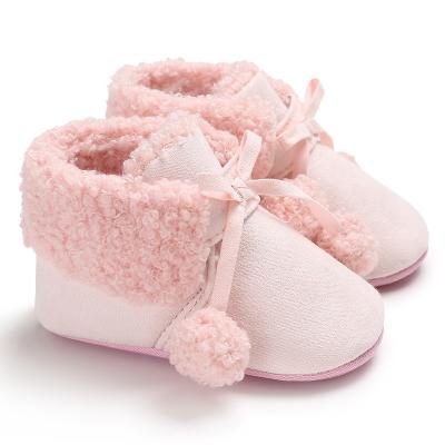 China Quick shipping Warm plush cotton fluff ball 0-18 months ankle baby booties for sale