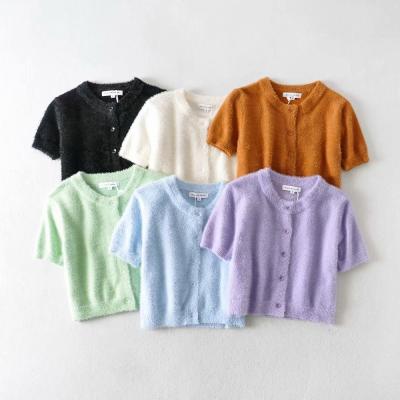 China Fashionable Women Mohair Shorts Sleeve Candy Round Neck Cardigan Color Plush Anti-pilling for sale