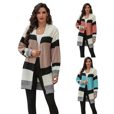 China Anti-pilling sweater women's clothes 2020 knit sweater cardigan jacket contrast stripes women's sweater along for sale