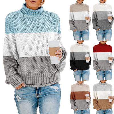 China Winter Anti-pilling Knitted Thick Needle Stripe Color Blocking Turtle Neck Sweater Oversized Women's Sweater for sale