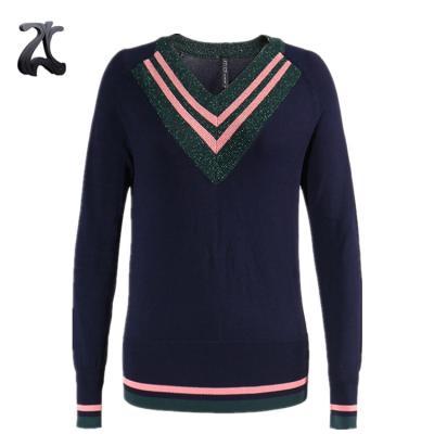 China Anti-pilling OEM Navy Blue Sweater Ladies Long Sleeve V-Neck Navy Blue Sweater Knitted Sweater School Uniform for sale