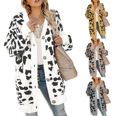 China 2021 Anti-Shrink Midi Length Lantern Sleeve Leopard Jacquard Knit Women Cardigan Sweater for sale