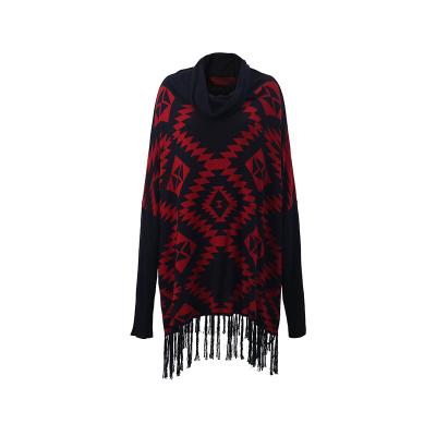 China Ladies Black Knitted Poncho Sweater Red Turn-Down Collar Jacquard Anti-Shrink Tassel Sweater for sale