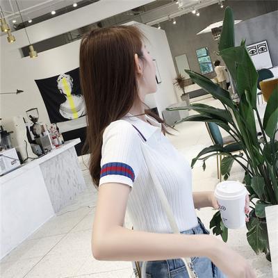 China New summer T-shirt ice silk knitwear women's college style breathable shorts sleeve retro slim chic collar tops for sale