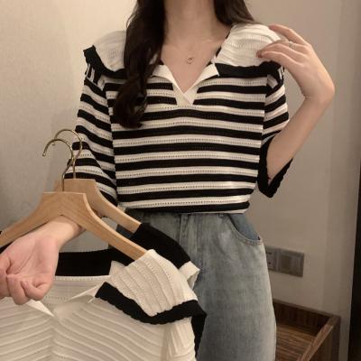 China 2022 Summer New Version POLO Neck Knitwear Women Hollow Design Korean Stripe Design Anti-Wrinkle Contrasting Short Sleeve T-Shirt for sale