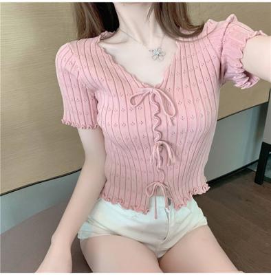 China Breathable French-style V-neck tied bow to knit Korean version of celebrity new female CIA short jacket Thin line short sleeve T-shirt for sale