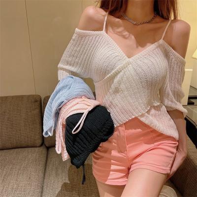 China Minority V-Neck Strap Design Breathable Sense Off The Shoulder Knitwear For Women In Upper Boredom New Summer Sexy Irregular Short Sleeve T-shirt for sale