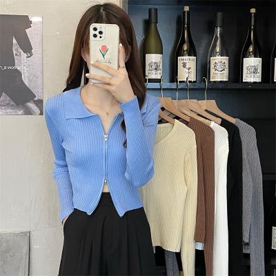 China Anti-Wrinkle New Autumn Double Zipper Collar Polo Shirt Long Sleeve Bottoming Knitted Cardigan Women's Solid Color Coat for sale