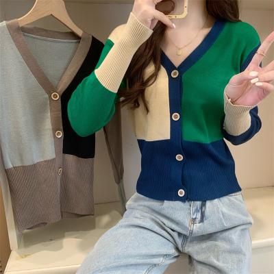 China new anti-wrinkle autumn v-neck colorimetric slim coat thin woolen retro knitted long sleeve cardigan women for sale