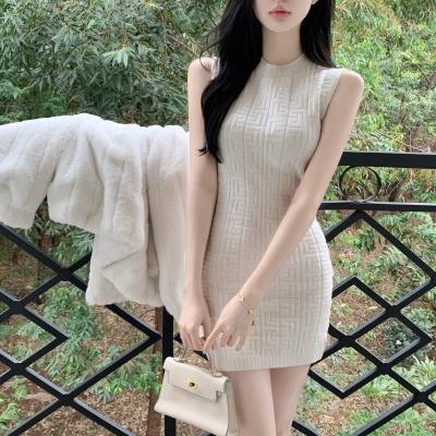 China 2022 summer new female Korean version thin waist sleeveless hip wrap sleeveless knitted dress breathable sexy white knitted dress for sale