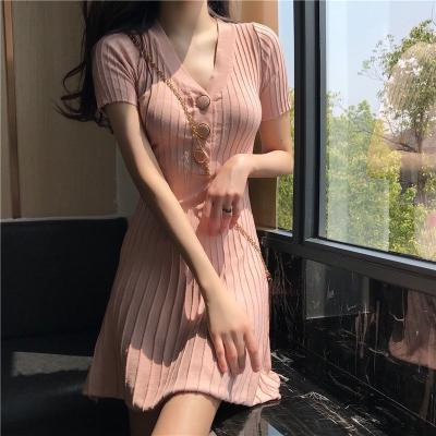 China Slender thin line V-neck size A silk short women's summer new dress pleated ice sleeve dress breathable Korean chic temperament for sale