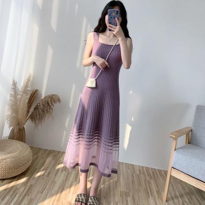 China Summer Korean Breathable Outwear With Mesh Splice Ice Silk Knitted Knitted Long Dress Lower Mid Waist Vest Dress Women for sale