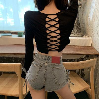 China New Autumn Anti-Wrinkle Cross White Sexy Backless Sweater Ice Silk Short Sleeve T-shirt Blouse Female Long Sleeve for sale