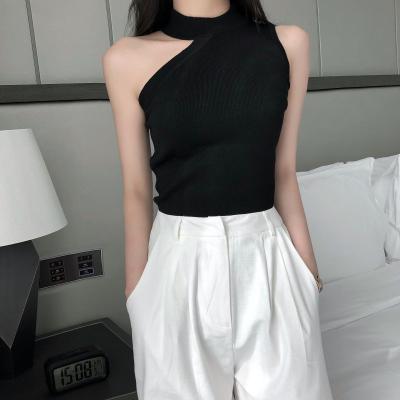 China Breathable Knitted Suspender Vest, Women's Shoulder, Sexy, Criss-Cross, Based, Black, Sleeveless, Irregular, Off Shoulder Top for sale