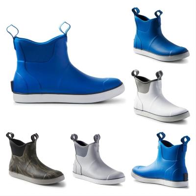 China Fashion Trend Calfskin Outdoor Wide Waterproof Anti-skid Ankle Fishing Platform Rubber Boots Rain Shoes For Men Boating Gardening for sale