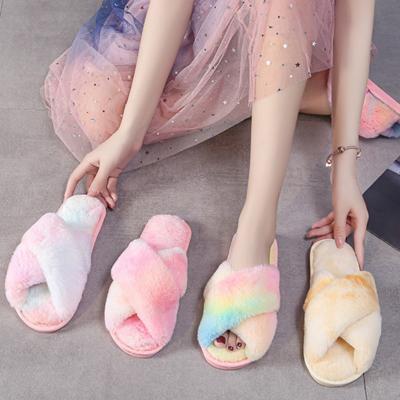 China Soft Female Cross Toe Women Furry Indoor Slippers Fashion Plush New Winter Fashion Trend Faux Fur Woman Warm Slippers Ladies Open Slippers Customized for sale