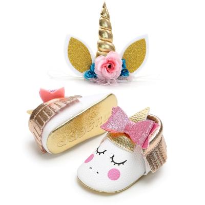 China Round Unicorn PU Baby Boy Girls Leather Sneakers and Lovely Soft Unique Infant Headband Toddler Walking Shoe Sets Gift for sale