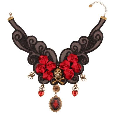 China Halloween Woman Black Lace Up Red Rose Love Heart Choker Necklace Fashion Halloween Statement Jewelry Skeleton Cross Pendant Party for sale