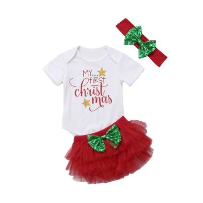 China Polyester/Cotton Baby Kids Girls Pajamas My First Christmas Newborn Rompers Short Sleeve Cotton Jumpsuit Letter Tutu Shorts Outfits Costume Set for sale