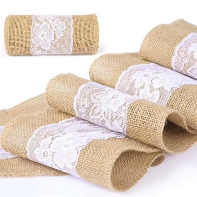 China Washable stain resistant vintage burlap fabric table runner with white lace for event festival party wedding table decoration mat for sale