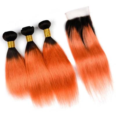 China 100% Orange Ombre Mix Color Human Hair 100g Black Silky Straight Highlight 1B Brazilian Straight Hair With Lace Closure Headband for sale