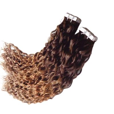 China Jerry Curl 12a Virgin Brazilian Human Invisible Root 100g 1B 4 27 Ombre Color Wave PU Dark Blonde Curly Tape In Hair Extensions for sale