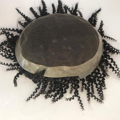 China Top Quality Swiss Curly Hair Unprocessed Brazilian Hairpiece Replacement Piece Lace +PU Afro Toupee For Black Men for sale