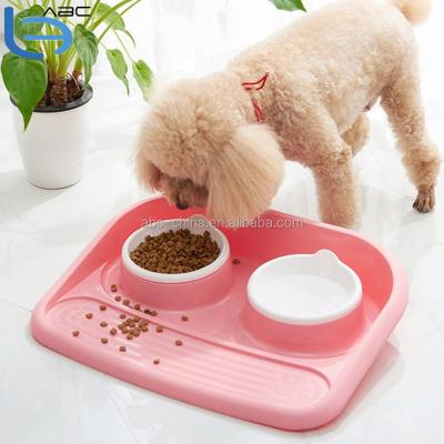 China Durable Drop Shipping PP Anti Slip Splash Pet Plastic Teddy Cat Double Pet Feeder Bowl Feeding Bowl for sale