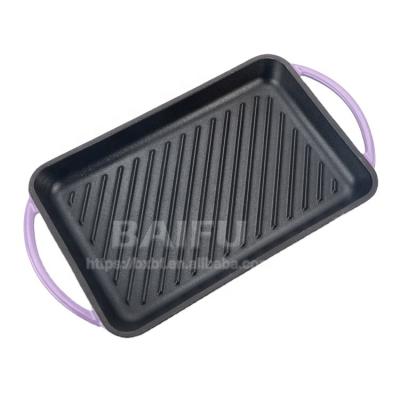 China General use for factory wholesale enameled cast iron griddle gas and induction cooker with two loop handles ribbed cast iron grill pan for sale