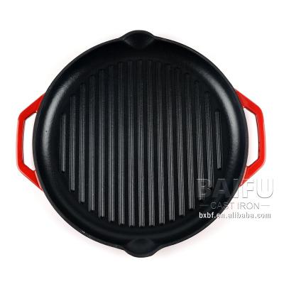 China Vintage Enameled Cast Iron Signature Deep Round Grill Pan Cast Iron Skillet Non-Stick Round Frying With Double Loop Handles for sale