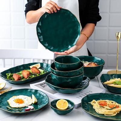 China Viable Wholesale Irregular Dish In Light Green Color Dinner Set Dishes With Gold Rim for sale