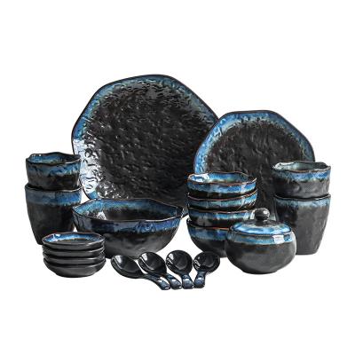 China Sustainable Ceramic Blue Stoneware Plates 5 Person Stoneware Dinner Set for sale