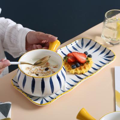 China Sustainable Modern Style Soup And Sandwich Set Hand Painted Ceramic Bowl With Handle for sale