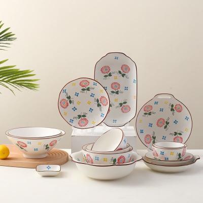 China Sustainable Ceramic Breakfast Dish Set Nordic Stoneware Matte Flower Porcelain Dinnerware Set for sale