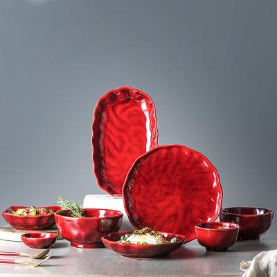 China Sustainable Japanese Ceramic Tableware Red Dinner Plate Dish China Tableware Sets for sale