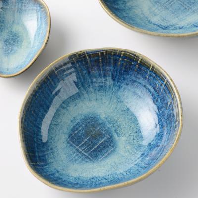 China Viable Irregular Blue Fabric Texture Porcelain Bowl Restaurant Ceramic Cereal Bowl Chinese for sale