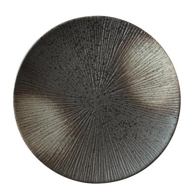 China High Quality Viable Black Steak Ceramic Stripe Matte Breakfast Plate Shallow Dish for sale