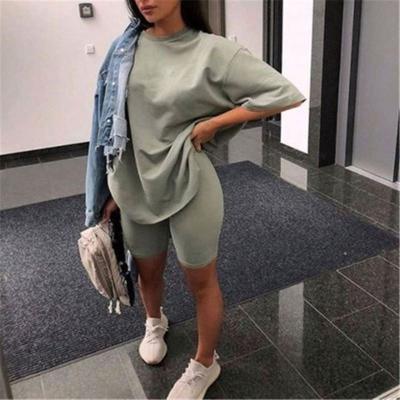 China 2021 QUICK DRY casual loose T-shirt with short pants sets summer solid color female sports two pieces of short set women clothing for sale