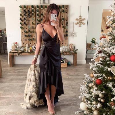 China 2019 New Solid Color Club Prom Party Dress Anti-static Sexy Satin Spaghetti Fabric Strap Ruffles Long Side Split V-Neckline Mermaid Prom Dress for sale