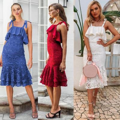 China 2022 Spaghetti Lace Bodycon Dress Dry Cleaning Strap Dress Wayward Swap Ruffles Women Dress Dress for sale