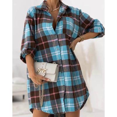 China Wholesale New Plaid Dry Cleaning Dress Lapel Single Breasted Women Shirt Dress for sale