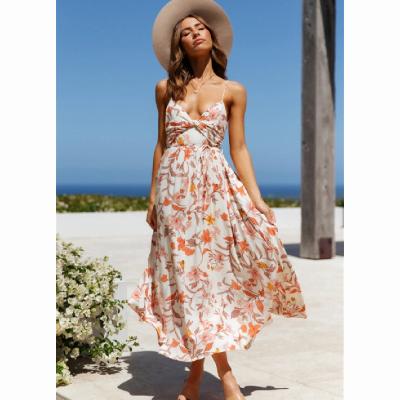 China Popular IDS Dry Cleaning Spaghetti Strap Long Dress Backless Floral Print Dress Sexy Women Beach Sunbathing for sale