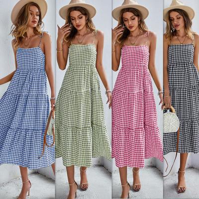 China 2022 Summer New Big Swing Dress Sexy Women's Plaid Dress Dry Cleaning Strap Long Dress for sale