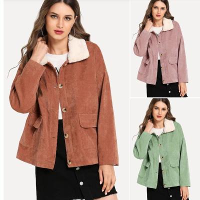 China Fashionable Anti-Shrink Fur Collar Rabbit Breasted Pocket Corduroy Jacket Leopard Fur Collar Single Women Coat Winter for sale