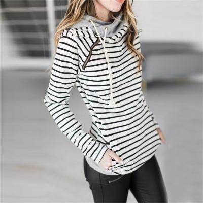 China Long Sleeve Women Anti-Shrink Hoodies Hooded Sweatshirt Double Zipper Striped Casual Tops Pocket Ladies Hoodies Pullover Wholesale for sale