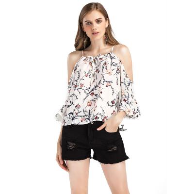 China New Arrival Anti Pilling White Chiffon Tops And Blouses Chill Floral Halter for sale