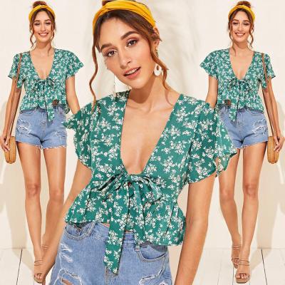 China Anti-pilling Blouse Front Collar Neck Design Bowknot U Neck Shorts Sheath Floral Women Clothing Tops Blouse for sale