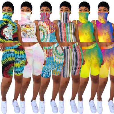 China QUICK DRY Summer Sporty Women Set Stripes Tie Dye Cartoon Printing Sleeveless T-shirt Face Cover And Shorts Suit Tracksuit Two Piece Set Outfit for sale