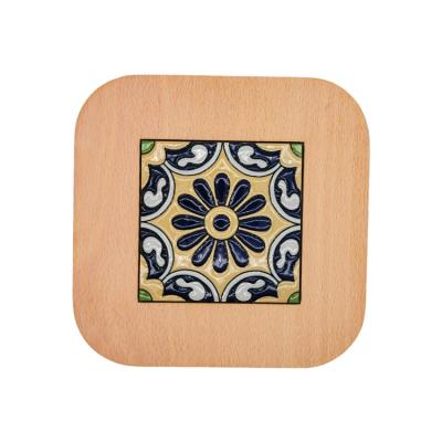 China Beautiful Sustainable Custom Kitchen Rubber Wood With Ceramic Drink Beer Coaster for sale