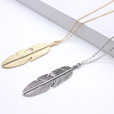 China High Quality Simple Classic Feather Pendant Necklace Sweater Chain Statement Jewelry Long Metal Feather Necklace for sale